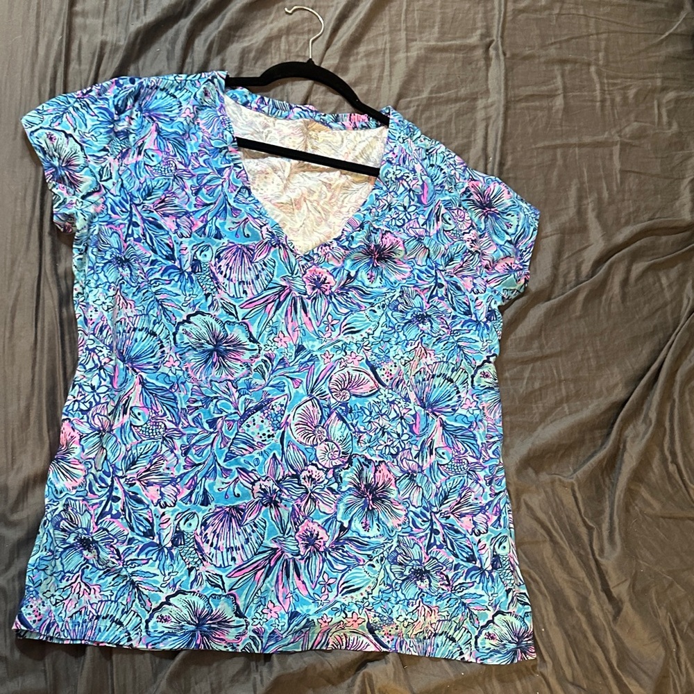 Lilly Pulitzer Blue and Pink “My Fans” Print Shirt